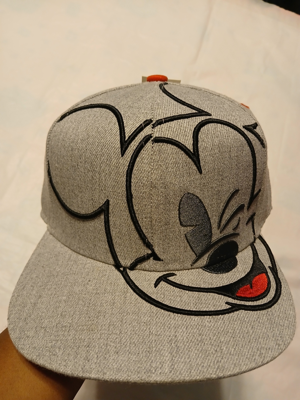 Men's Gray Mickey Mouse Baseball Hat with Red Tongue Accent